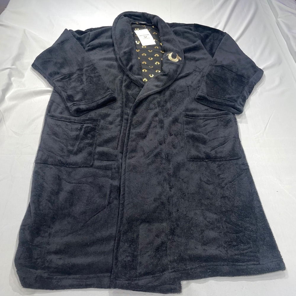True Religion Mens Black Gold‎ Horseshoe Plush Fleece Loungewear Robe Large NEW
